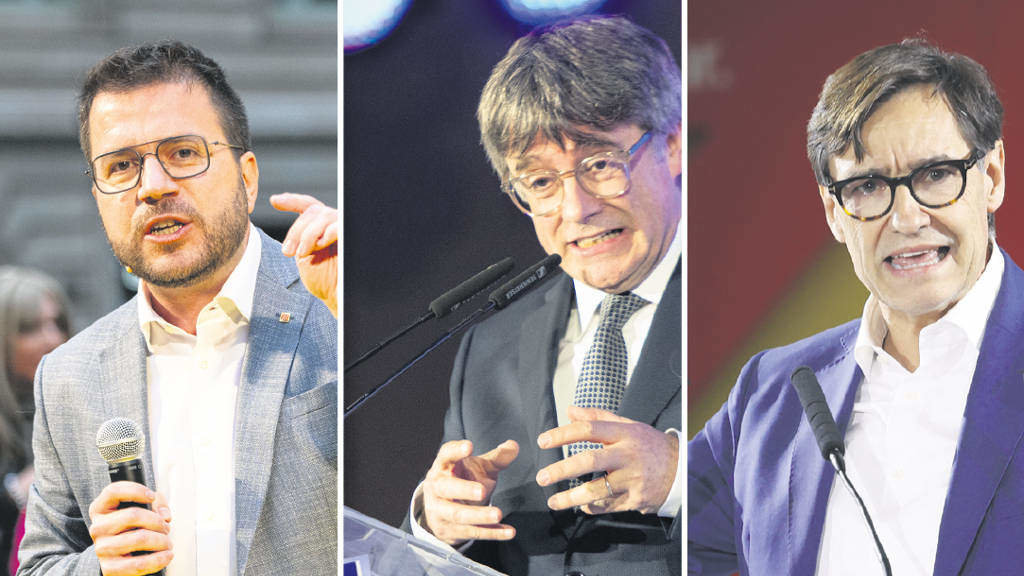 Pere Aragonès (ERC), Carles Puigdemont (Junts) e Salvador Illa (PSC-PSOE) a quinta feira nos actos previos ao comezo da campaña. (Foto: Lorena Sopêna / Glòria Sánchez / Kike Rincón / Europa Press)