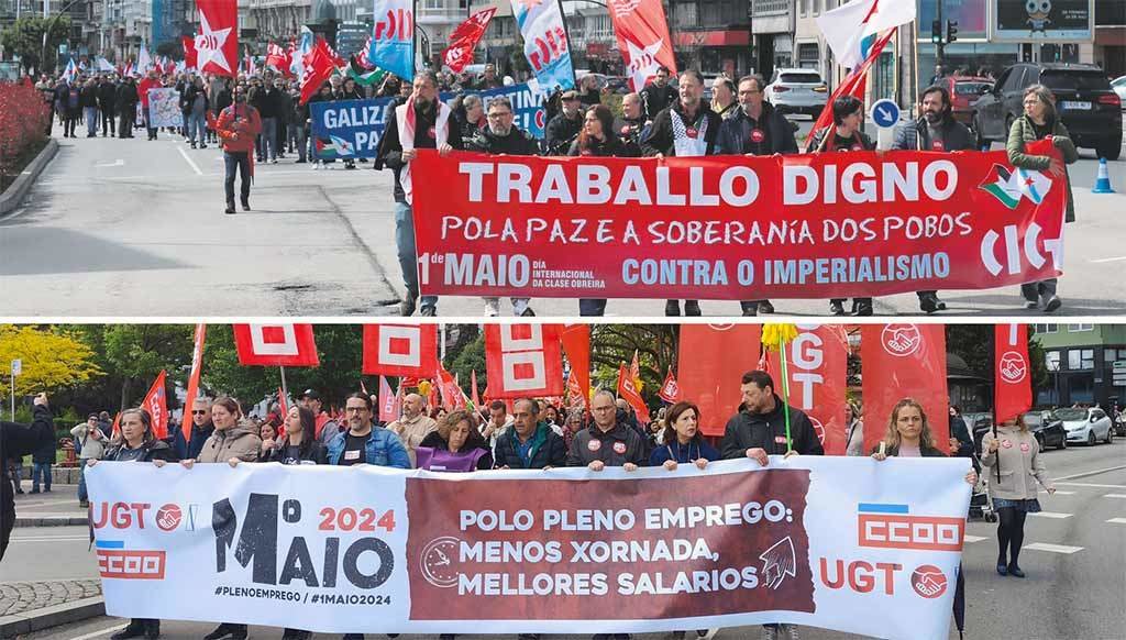 Manifestacións polo 1 de maio na Coruña. Arriba, a realizada pola CIG e, abaixo, a que convocou UXT e CCOO (Foto: Nós Diario).