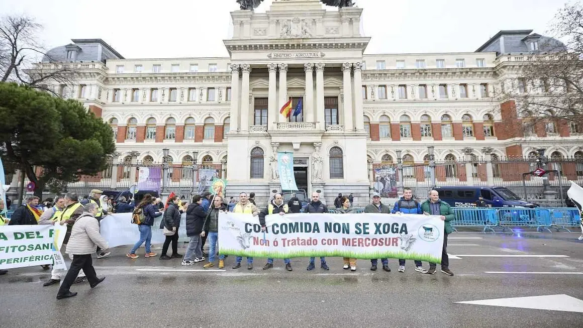 Protesta do sector agrogandeiro en Madrid contra o acordo con Mercosur este 11 de febreiro. (Foto: Carlos Luj&aacute;n / Europa Press)