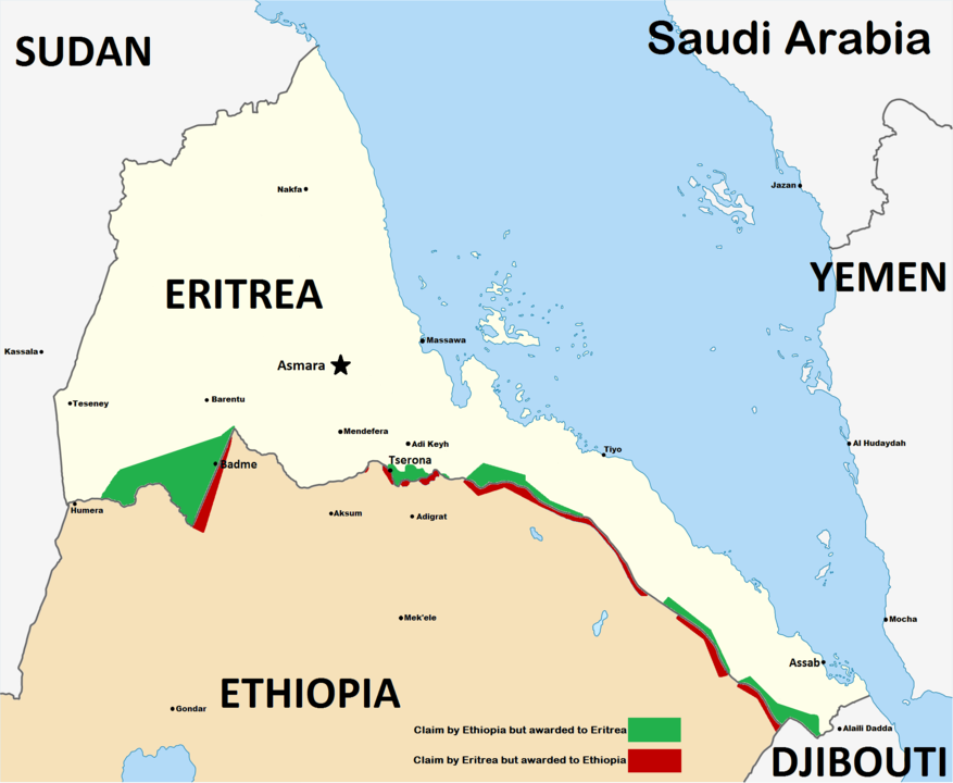 [Imaxe: Skilla1st - commons.wikimedia.org] Mapa do conflito entre Etiopía e Eritrea (1998)