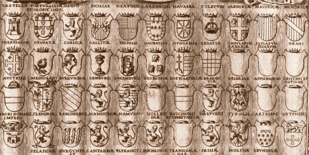 O escudo galego nunha serie de brasóns da calcografía de Agostiño Carracci en 1582 (Imaxe: Héitor Picallo)