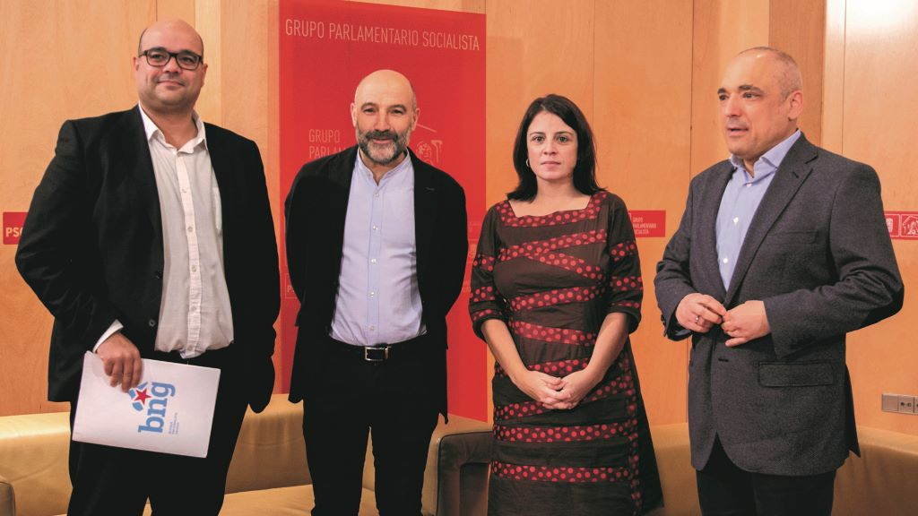 Ruben Cela, Néstor Rego, Adriana Lastra e Rafael Simancas presentando o acordo entre o BNG e o PSOE en xaneiro de 2020. (Foto: Europa Press)