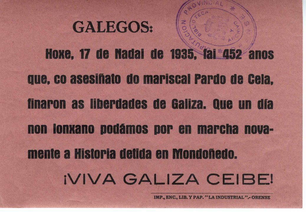 Propaganda distribuída polos nacionalistas ourensáns co motivo de 452 aniversario da execución do mariscal Pedro Pardo de Cela. (Foto: Nós Diario)