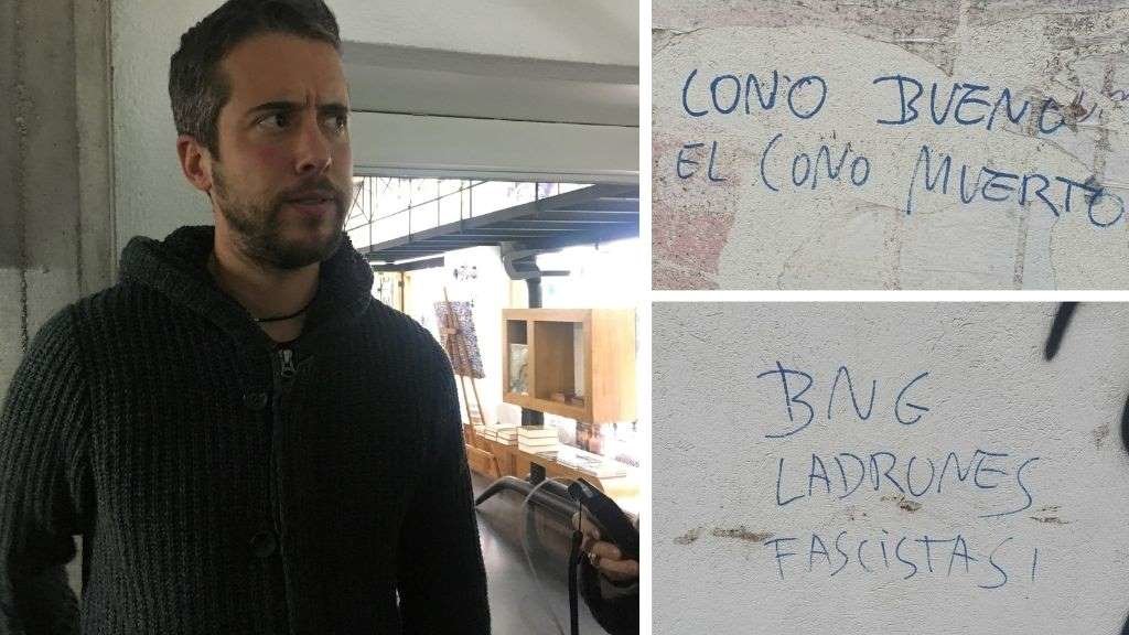 Á esquerda, o edil Rubén Arroxo (BNG); á dereita, as pintadas obxecto da denuncia (Fotos: Nós Diario - Europa Press).