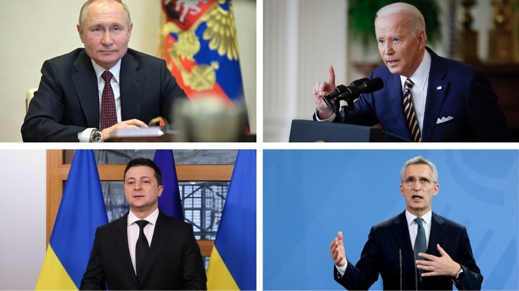 De esquerda a dereita e de arriba cara abaixo, Vladimir Putin (presidente de Rusia), Joe Biden (presidente dos EUA), Volodymyr Zelensky (presidente de Ucraína) e Jens Stoltenberg (secretario xeral da OTAN).