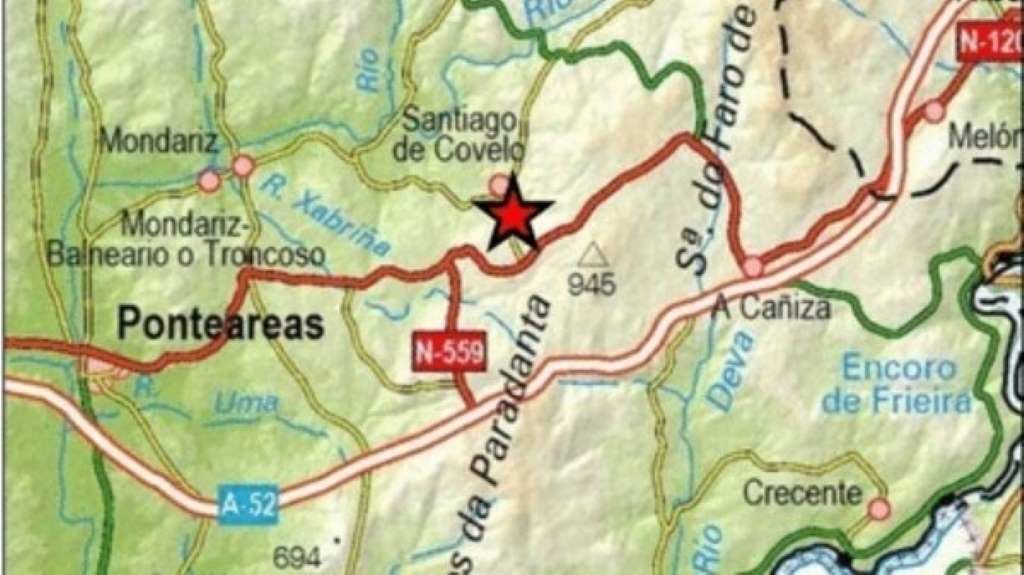 Sismo rexistrado en Covelo esta sexta feira (Mapa: Instituto Xeográfico Nacional).