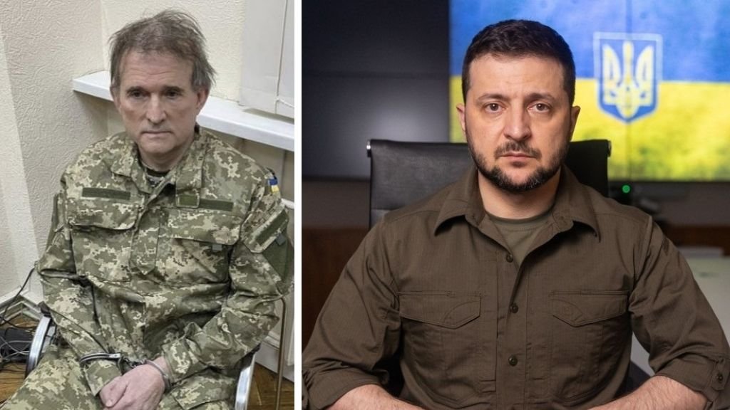 Á esquerda, Viktor Medvedchuk tras ser capturado; á dereita, Volodimir Zelenski. (Fotos: Goberno de Ucraína)