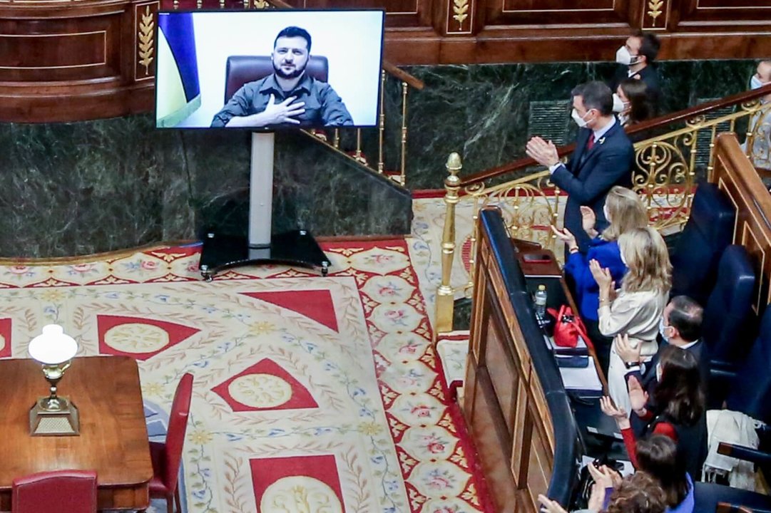 Intervención de Volodimir Zelenski ante o Congreso español. (Foto: Europa Press)
