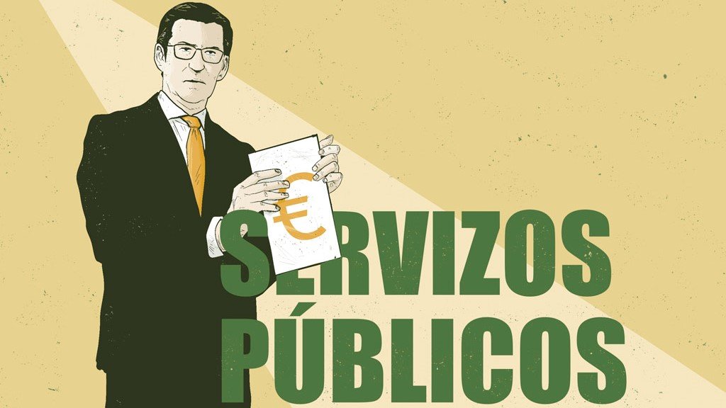 A privatização dos serviços públicos constitui um dos fenómenos com maior transcendência do auge da governança neoliberal. (Ilustraçom: Álex Rozados)