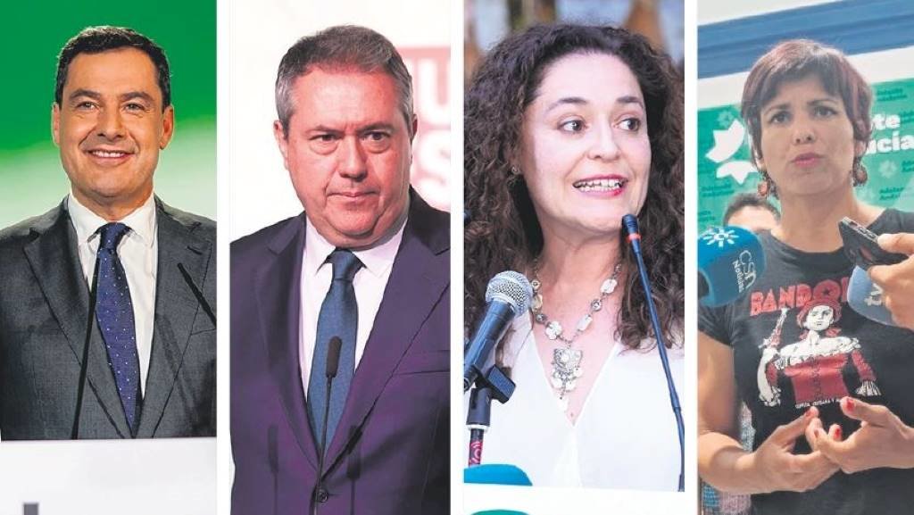 Juanma Moreno (PP), Juan Espadas (PSOE) e Inma Nieto (Por Andalucía), Teresa Rodríguez (Adelante). (Fotos: Europa Press)