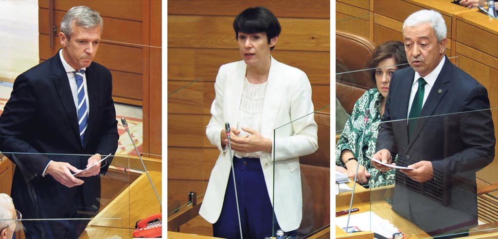 Alfonso Rueda, Ana Pontón e LuísÁlvarez onte, en diferentes momentos do pleno do Parlamento galego que decorreu onte. (Foto: Parlamento da Galiza).