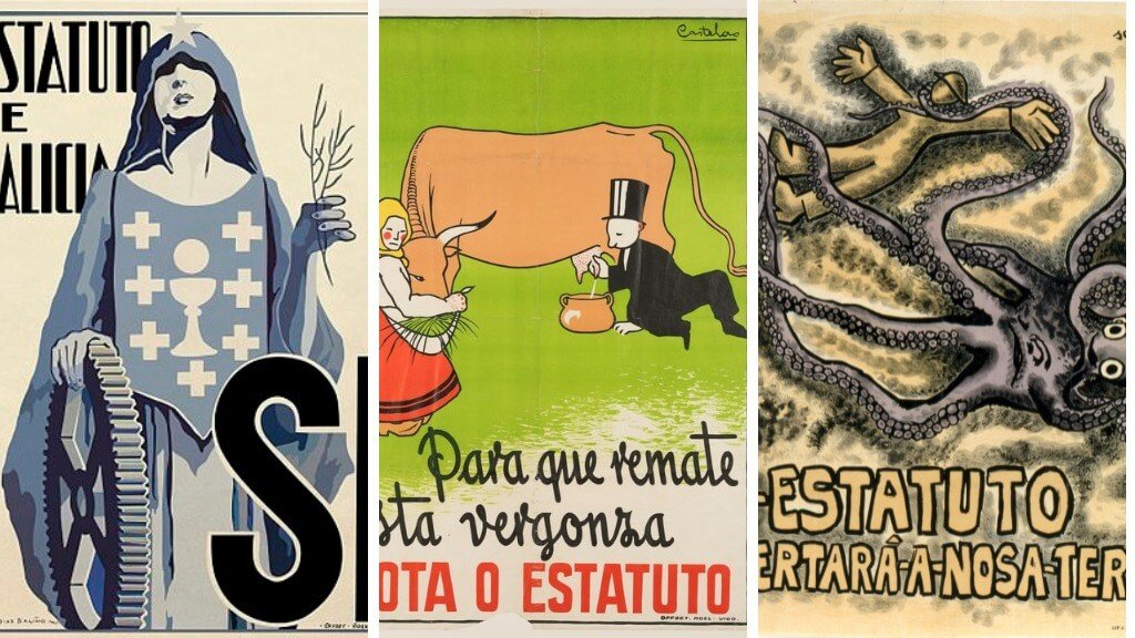 Cartaces elaborados por Díaz Baliño, Castelao e Seoane para a campaña de propaganda do estatuto de 1936. (Foto: Nós Diario).