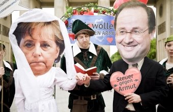 Escenificación a xeito de sátira do &#34;matrimonio&#34; Merkel-Hollande