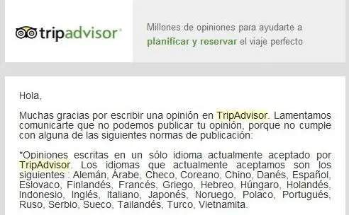 Captura de pantalla dunha resposta de TripAdvisor