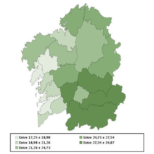 Porcentaxe de fogares compostos por persoas de 65 anos ou máis_2014_IGE