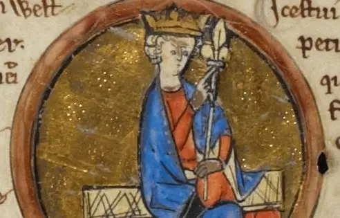 b) Edgberto de Wessex, pai de Milia, nunha miniatura do s&eacute;culo XII