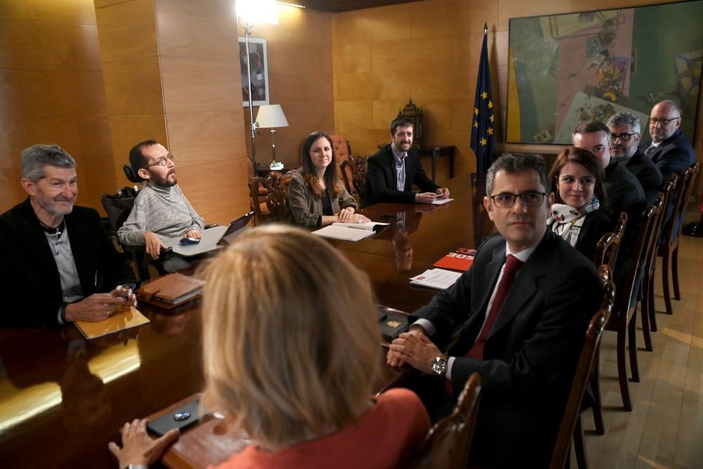 Primeira reunión da comisión de coordinación con Adriana Lastra polo PSOE e Ione Belarra e Pablo Echenique por UP (Imaxe: Óscar Cañas / Europa Press)