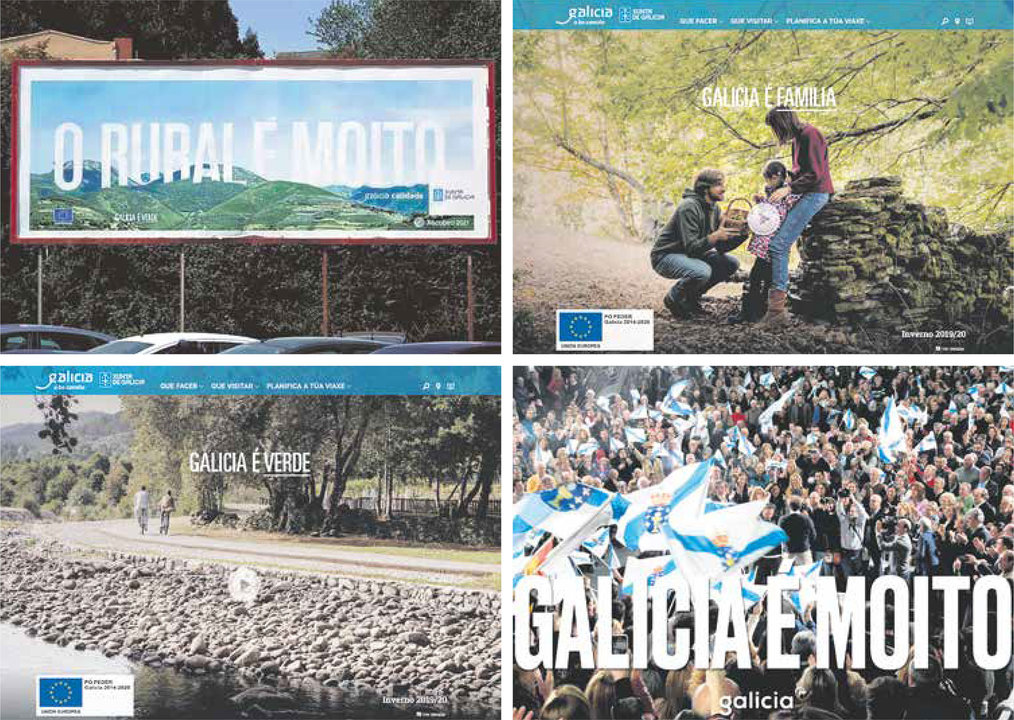 Valado no exterior e capturas da web da Xunta coa campaña institucional denunciada e, abaixo á dereita, cartel electoral do PP (Nós Diario).