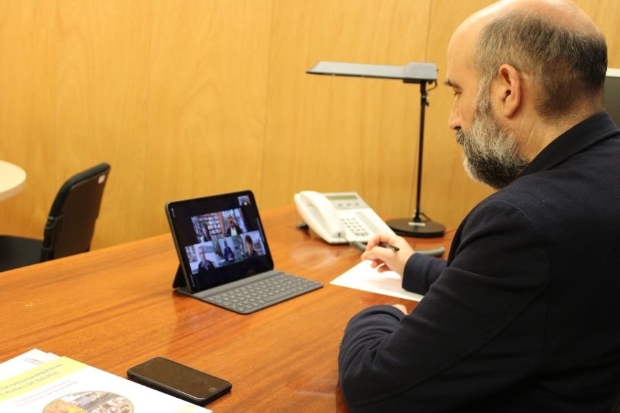 Néstor Rego na videoconferencia co presidente do Goberno español, Pedro Sánchez