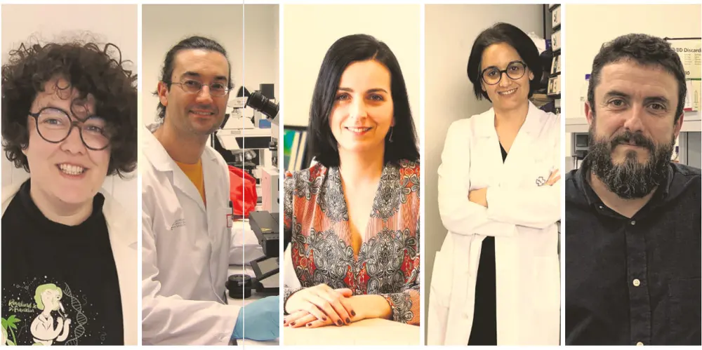 De esquerda a dereita, as investigadoras Astrid P&eacute;rez, Carlos Spuch, Mar&iacute;a de la Fuente, Mar&iacute;a May&aacute;n e Manuel Collado (N&oacute;s Diario).