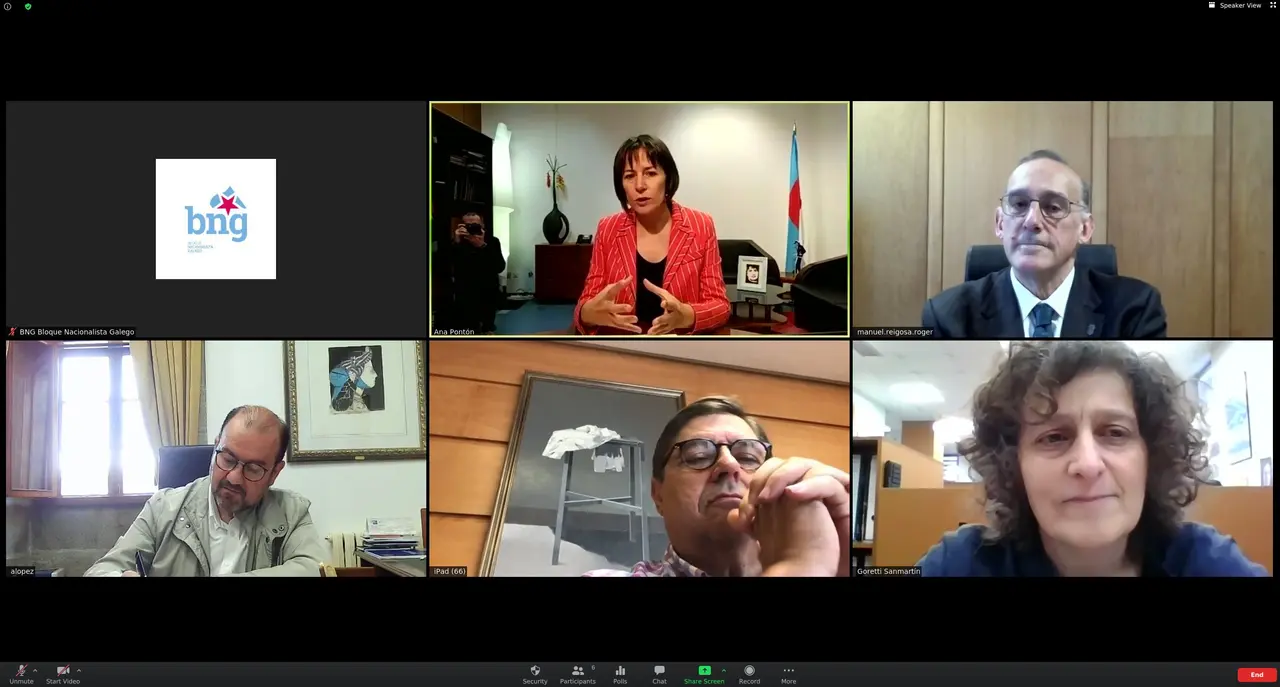 Captura da reuni&oacute;n virtual de Pont&oacute;n e Sanmart&iacute;n cos tres reitores (BNG).