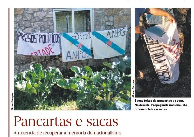 As pancartas nacionalistas reconvertidas en sacas (Foto: N&oacute;s Diario).