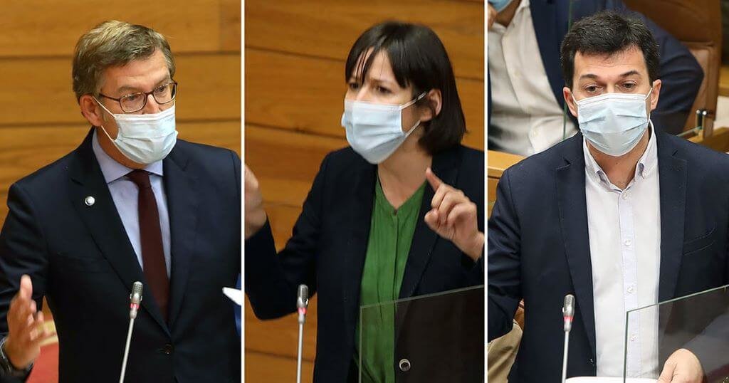 Núñez Feixoo, Ana Pontón e Gonzalo Caballero na sesión de control no Parlamento (Imaxe: Arxina)
