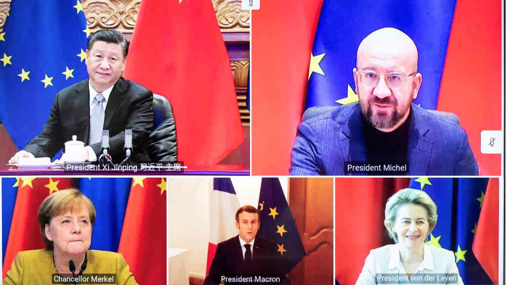 Reunión por videoconferencia celebrada o 30 de decembro entre Charles Michel, Ursula von der Leyen, Angela Merkel, Emmanuel Macron e Xi Jinping (Comisión Europea)