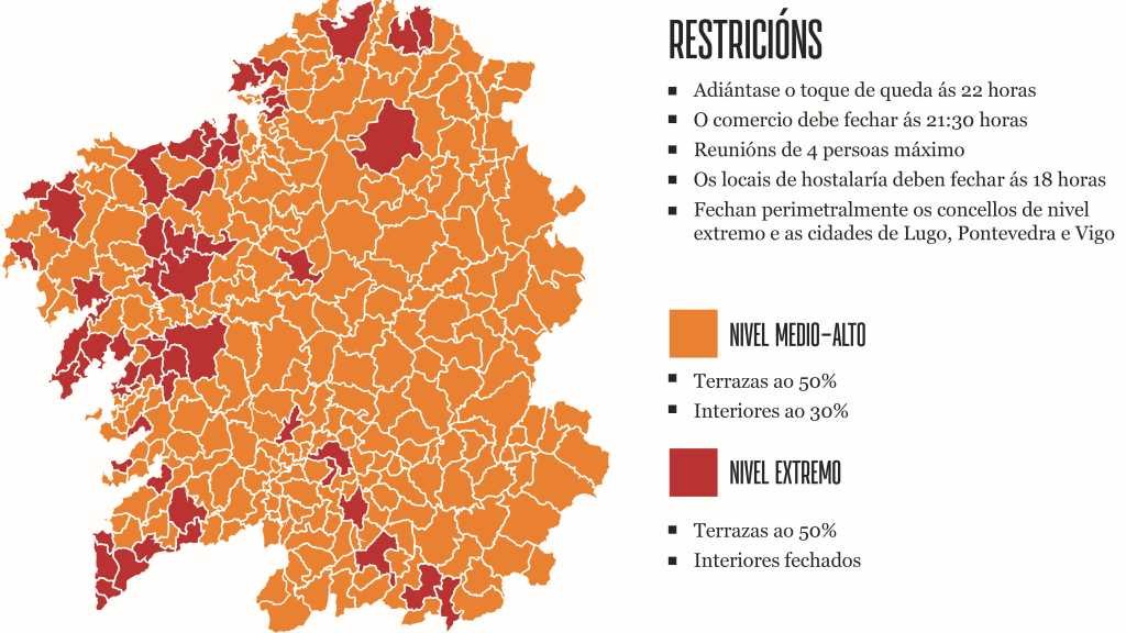 Mapa que reflicte as diferentes restricións aplicadas a cada concello (Infografía: Nós Diario).