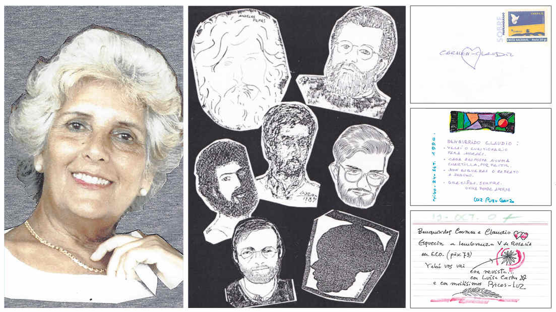 Á esquerda, Luz Pozo Garza nunha imaxe siluetada enviada por ela. No centro, ilustración para o monográfico ‘Sete poetas galegos’ de 'Nordés'. Á dereita, detalles de varias cartas.