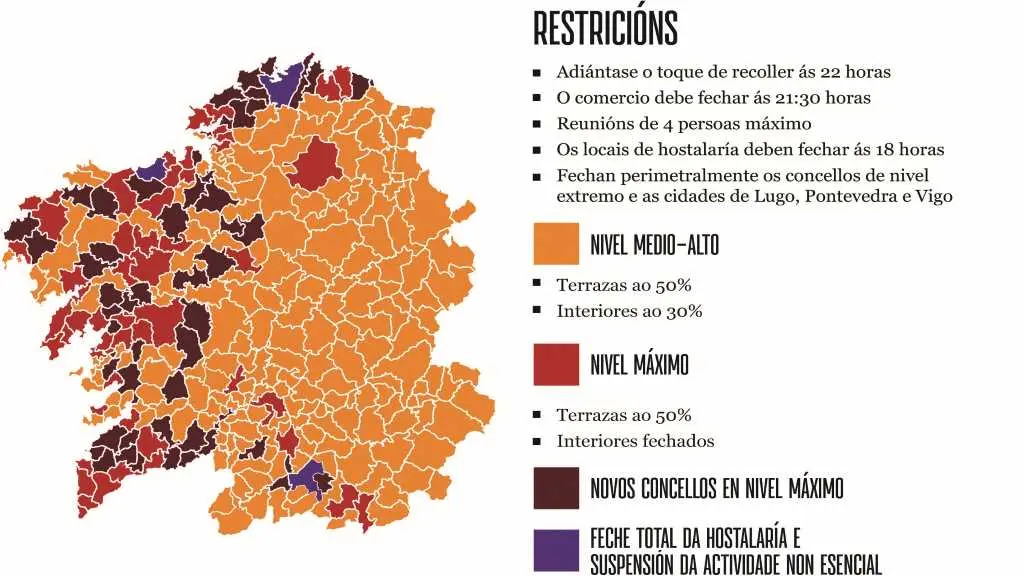 En cor morada, os tres concellos con maiores restrici&oacute;ns; en cor vermella, os 116 municipios no nivel 'm&aacute;ximo' de alerta (Infograf&iacute;a: N&oacute;s Diario).