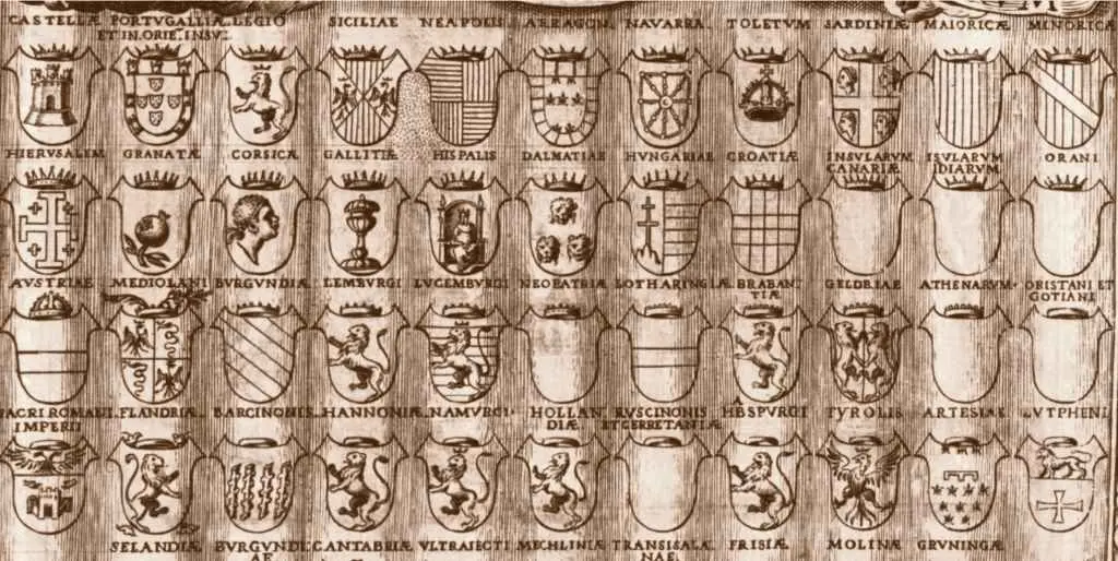 O escudo galego nunha serie de bras&oacute;ns da calcograf&iacute;a de Agosti&ntilde;o Carracci en 1582 (Imaxe: H&eacute;itor Picallo)