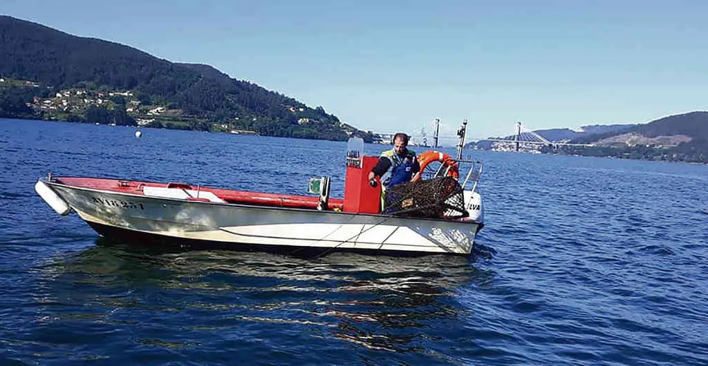 Mari&ntilde;eiro pescando nunha embarcaci&oacute;n menor na r&iacute;a de Vigo (Foto: Xunta da Galiza).
