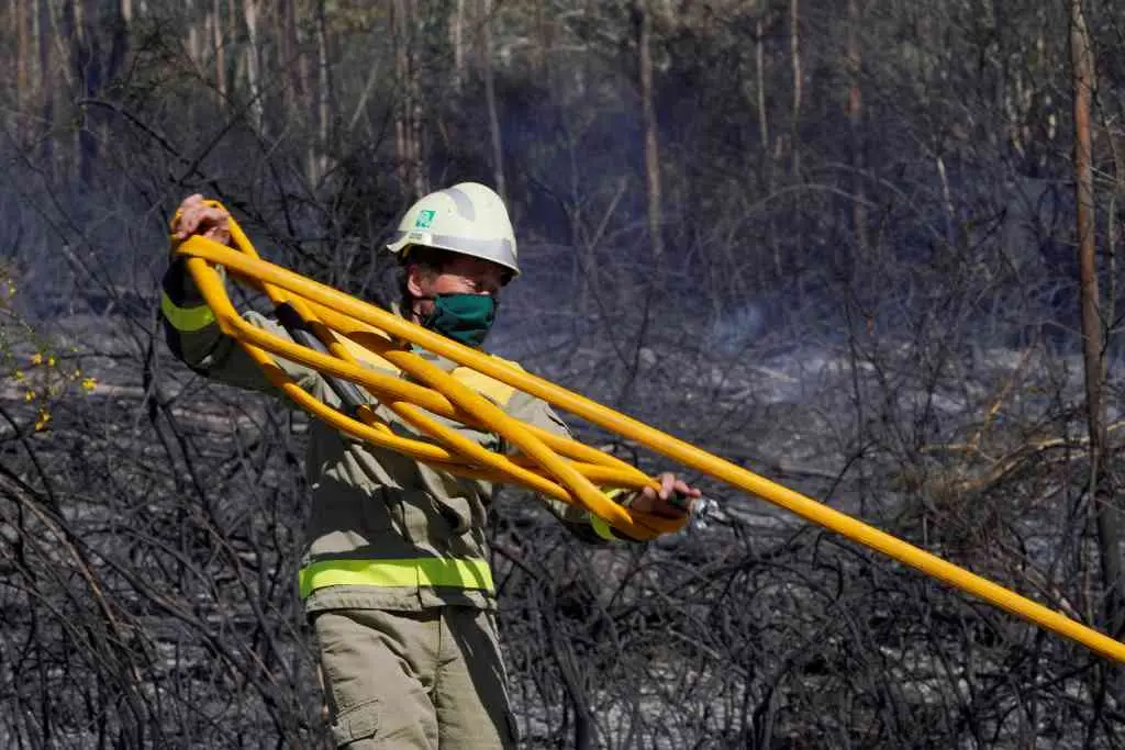 Bombeiro traballando na extinci&oacute;n dun lume. (Foto: &Aacute;lvaro Ballesteros / Europa Press)