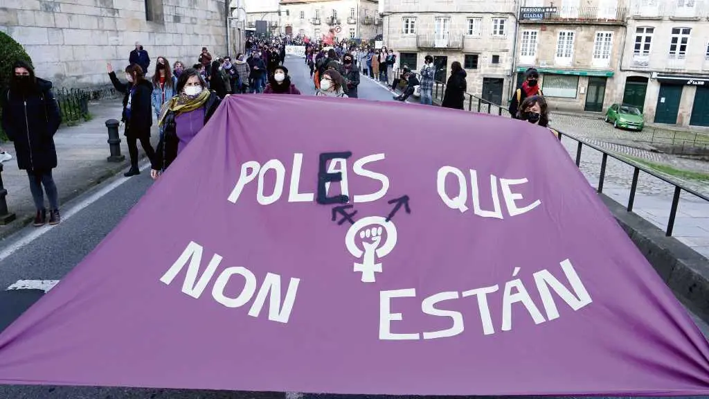 Manifestantes na marcha do D&iacute;a da Muller, o pasado 8 de marzo, en Compostela (Foto: Arxina).