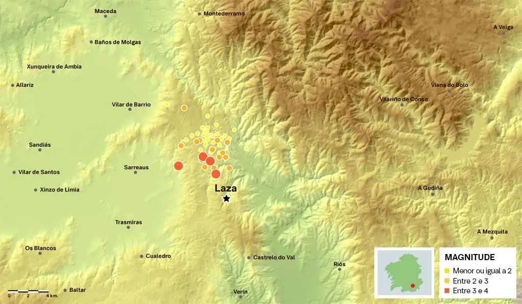 Mapa que amosa o epicentro dos sismos rexistrados durante os &uacute;ltimos sete d&iacute;as na contorna de Laza, a zona m&aacute;is afectada do pa&iacute;s (Infograf&iacute;a: N&oacute;s Diario).