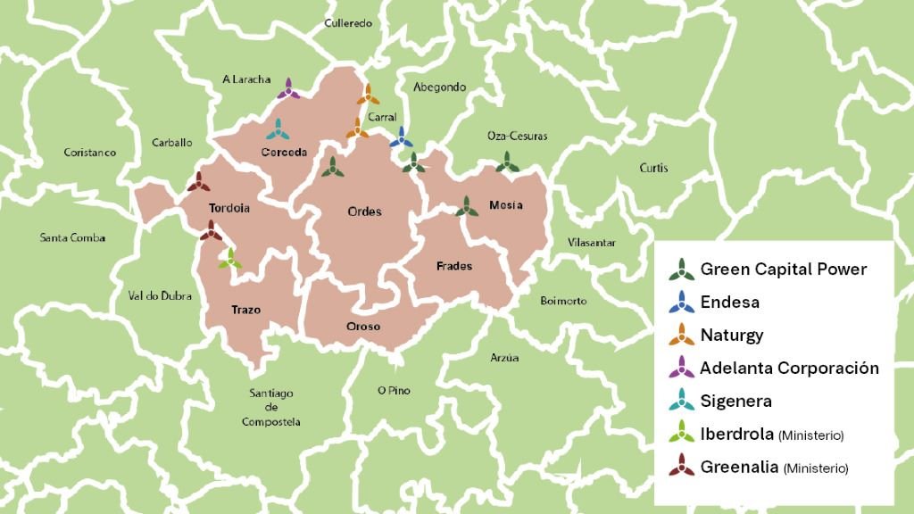 Mapa que recolle os parques eólicos tramitados na comarca de Ordes e as súas promotoras (Infografía: Nós Diario).