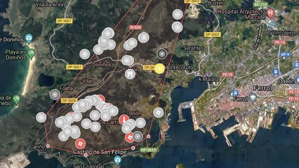 Mapa dos eólicos nunha zona do concello de Ferrol. (Foto: Monfero Di Non)
