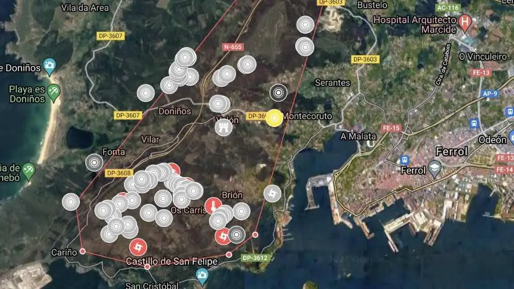 Mapa dos e&oacute;licos nunha zona do concello de Ferrol. (Foto: Monfero Di Non)