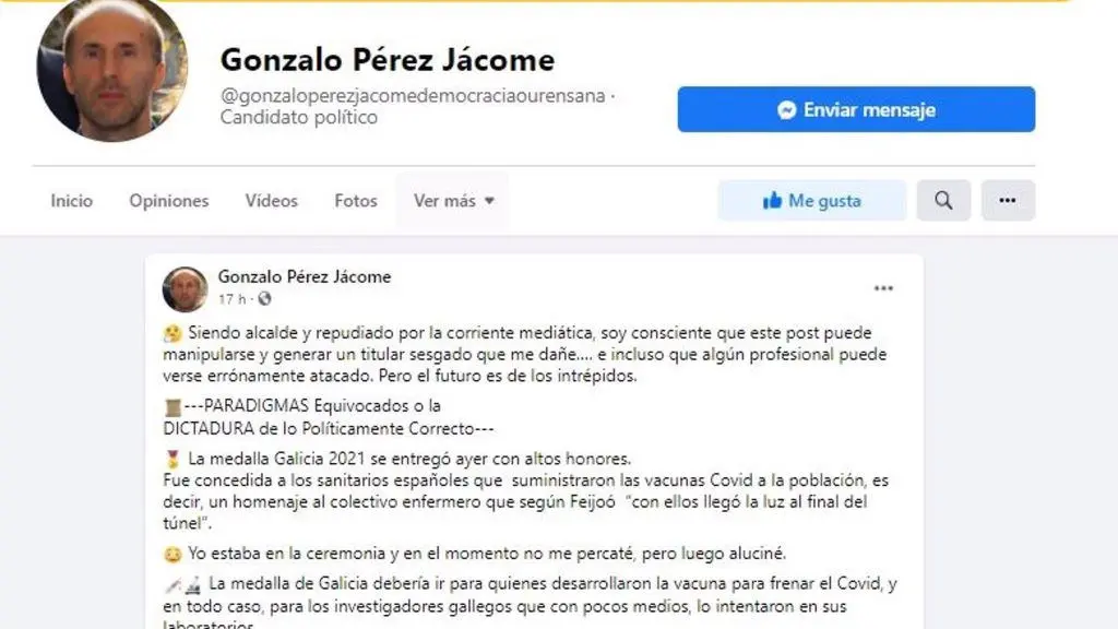 Imaxe do texto escrito por P&eacute;rez J&aacute;come nas s&uacute;as redes. (Foto Europa Press) #medallacastelao #coronavirus #sanitarios #gonzalop&eacute;rezj&aacute;come #do #alcalde #ourense