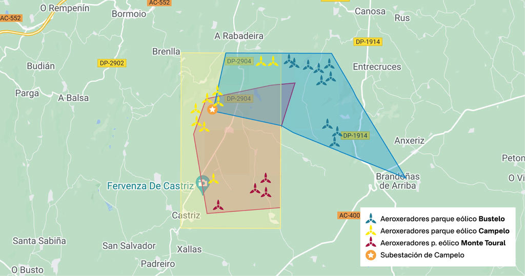 Mapa coas poligonais dos tres parques eólicos delimitadas, os seus aeroxeradores e a subestación de Campelo (Infografía: Nós Diario - Google Maps).