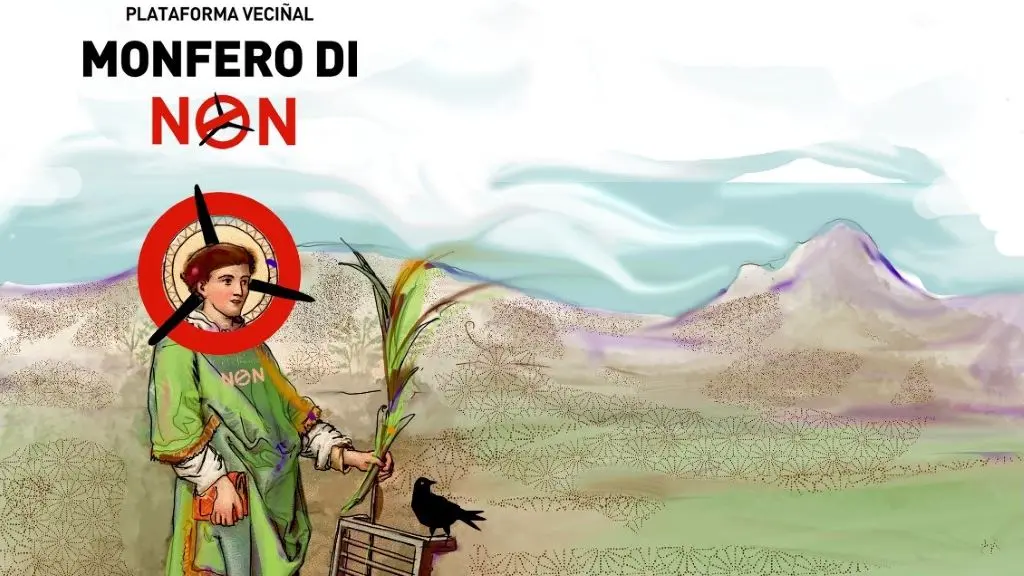 Detalle do cartel da 'romar&iacute;a e misa' contra os e&oacute;licos no mosteiro de Monfero.