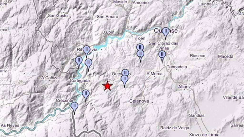 Captura do mapa do Instituto Xeográfico Nacional co epicentro do tremor de 2,7 de magnitude en Gomesende.