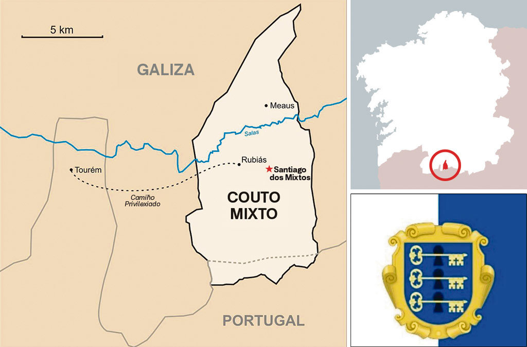 Territorio que abrangue o Couto Mixto e a súa bandeira, a da 'República das Tres Chaves' (Mapa: Nós Diario).