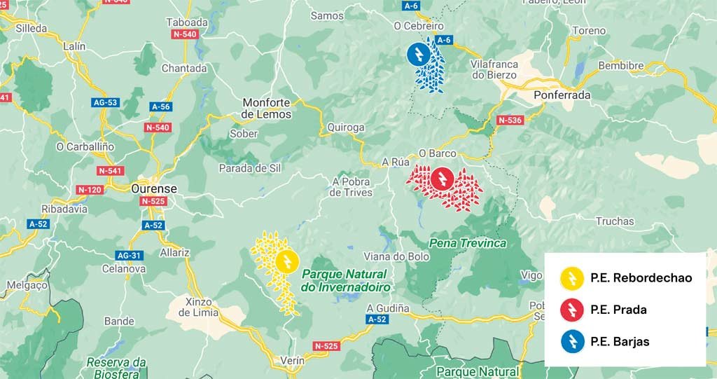 Proxección dos parques eólicos Barxas, Prada e Rebordechao, que a norueguesa Statkraft prevé construír na Galiza (Infografía: Nós Diario - Google Maps).