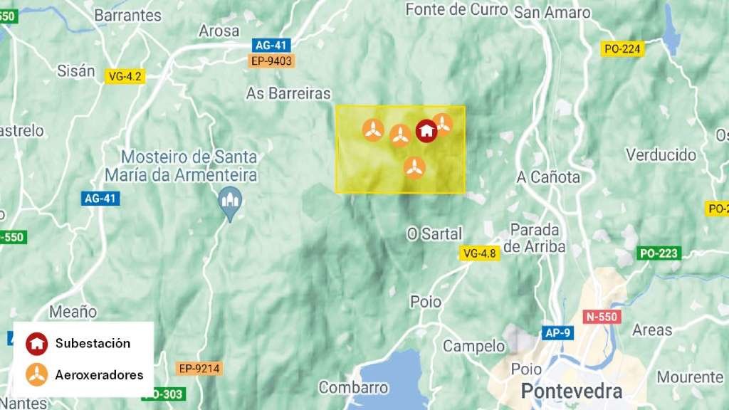 Proxección da poligonal e os aeroxeradores do parque eólico Castrove, que afectaría os concellos de Meis, Poio e Pontevedra (Infografía: Nós Diario - Google Maps).