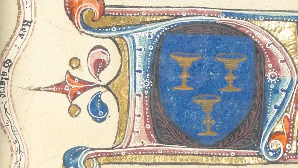 Dentro da letra 'n' capitular, no 'Sherborne Missal' (1399 Ca.), aparece o escudo. Na esquerda lese "Rex Galacie". (Foto: N&oacute;s Diario)