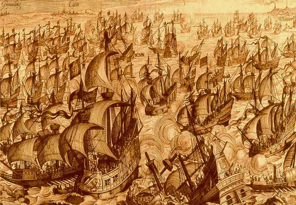 Batalla naval en 1588, no canal da Mancha, entre as mariñas española e inglesa