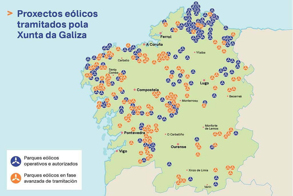 Parques eólicos autorizados e en fase avanzada de tramitación a través da Xunta da Galiza (Infografía: Nós Diario).