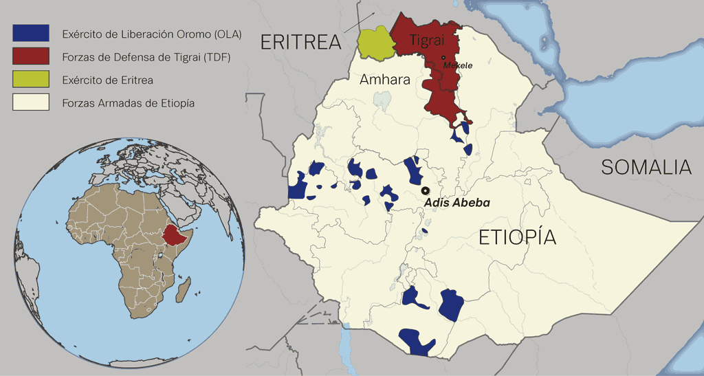 Mapa de Etiopía coas posicións que dominan os principais actores no conflito armado.